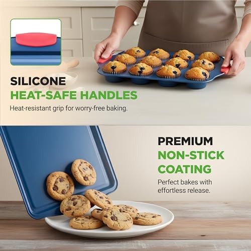 NutriChef 10-Piece Nonstick Bakeware Set - Deluxe Carbon Steel with Blue Silicone Coating, Red Handles, Professional Grade Kitchen Essentials, Ideal for Baking Cakes, Cookies, and More (Blue)