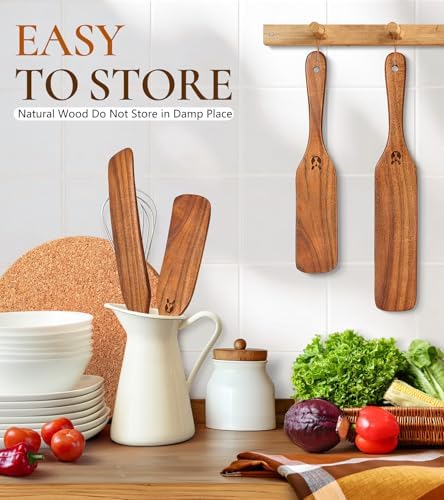 2Pcs Natural Wooden Spurtle for Sourdough Starter, Wooden Spoon for Cooking