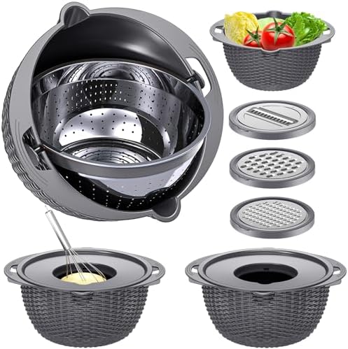 4-1 Colander with Lid Set - Rotatable Strainer With Bowl(Patented), Pasta Strainer with New Upgraded Graters, Strainer And Colanders, Fruit Cleaner, Veggie Wash, Apartment Kitchen Gadgets - Grey