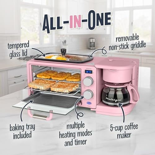 Nostalgia 3-in-1 Retro Breakfast Station - Includes 5 (4 Oz) Cup Coffee Maker, Non-Stick Ceramic Griddle, and 4-Slice Toaster Oven - Built-In Timer, Reusable Coffee Filter, Space-Saving Design - Pink