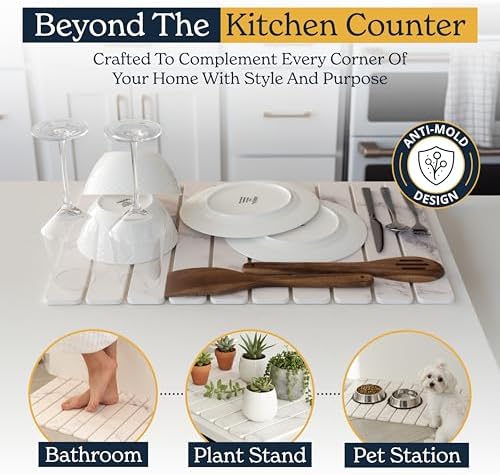 Oleex 3-Pack Stone Dish Drying Mat Set Includes 1 Large 24”x16” & 2 Small 4”x9” for Kitchen Counter-Collapsible Diatomaceous Earth Pad Absorbs Water & Dries Dishes Fast, Non-slip, Odor-Resistant Mats