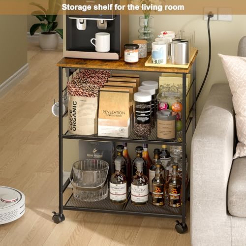ThreeHio Rolling Kitchen Microwave Cart with Power Outlet, 3 Tier Microwave Table Stand with Storage, Kitchen Utility Cart on Wheels, Small Coffee Cart Shelf Rack Organizer for Living Room Office