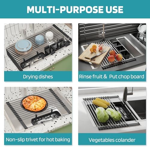 Black Expandable Roll Up Dish Drying Rack Up to 22.8''with 2 Storage Baskets,Over The Sink Kitchen Rolling up Dish Drainer Drying Rack , Foldable,Rollable,for Kitchen Dishes(Expandable Width Size)