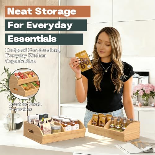 Potato and Onion Storage Bin, Stackable Pantry Organizers for Kitchen Countertop, Ventilated Bamboo Storage Baskets with Handles, Multipurpose Organization Containers for Fruit, Vegetable, 3 Pack