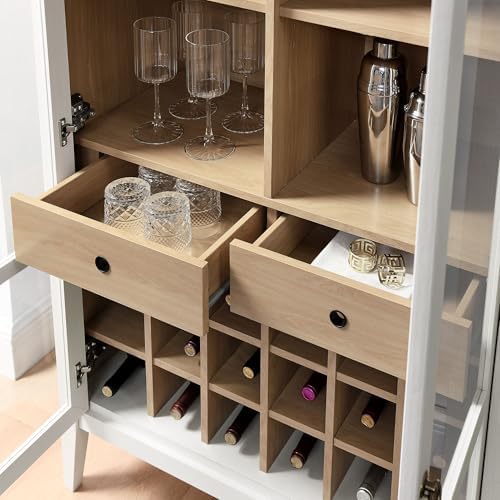 Modway Nolan Modern Farmhouse Arched Bar Cabinet in Ivory Wood Grain - 72 Inch Tall Wine Storage Cabinet with Glass Doors and Wine Rack - Large Liquor Cabinet for Dining or Living Room