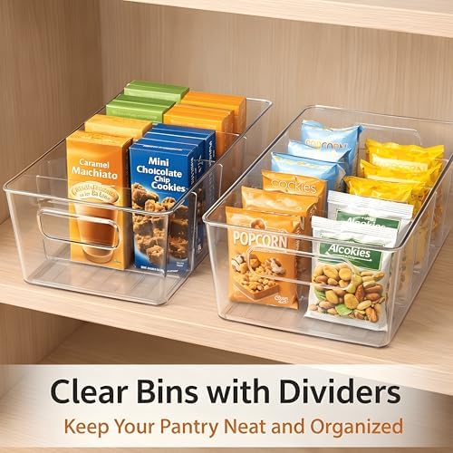 6 Pack Pantry Organizers and Storage, Food Storage Containers with 3 Removable Divider for Kitchen, Fridge, Cabinet Organization, Clear Plastic Storage Bins for Snacks, Spice Packets, Packets, Pouches