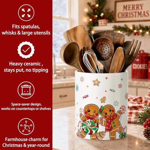Christmas Gingerbread Man Ceramic Utensil Crock, Farmhouse Xmas Kitchen Utensil Holder, Countertop Storage Organizer, Christmas Decor Caddy for Spatulas, Baking Gadgets & Cooking Tools