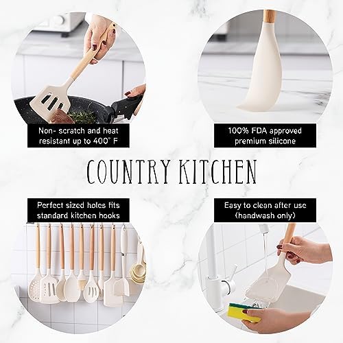 Country Kitchen Non Stick Silicone Utensil Set with Rounded Wood Handles for Cooking and Baking, 38 Piece Set, Khaki