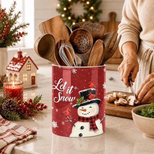 Christmas Snowman Kitchen Utensil Holder, Let It Snow Large Ceramic Utensil Holder For Countertop Organizer, 6.3'' Winter Cooking Utensil Crocks Festivel Decor Utensil Storage Cup for Kitchen