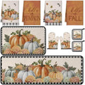 Fanfanwin 10 Pcs Fall Pumpkin Kitchen Decor Set Kitchen Towels Pot Holders Oven Mitts and Rugs Set Thanksgiving Towels for Baking Cooking BBQ Autumn Home(Vintage,Beige, Orange,10)