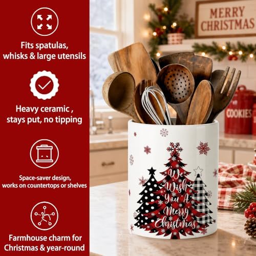 Christmas Tree Ceramic Utensil Crock, Farmhouse Xmas Kitchen Utensil Holder, Holiday Countertop Storage Organizer, Christmas Decor for Spatulas & Baking Gadgets, We Wish You A Merry Xmas