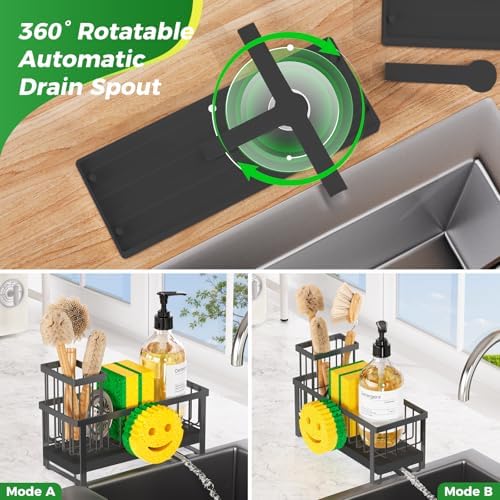 Sponge Holder for Kitchen Sink,Sink Caddy with Removable Dish Brush Holder,Self-Draining Kitchen Countertop Organizers and Storage Essentials,Soap Dispenser Organize and Home Decor-Black