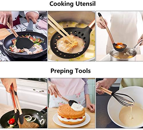 MIBOTE Silicone Cooking Kitchen Utensils Set, Wooden Handle, Coffee