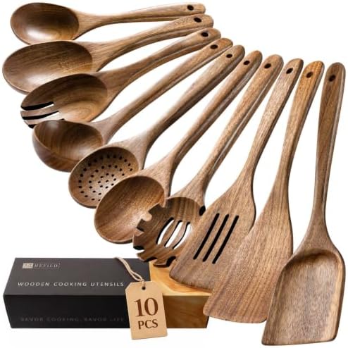 Wooden Spoons for Cooking, 10-Piece Acacia Wood Cooking Utensil Set