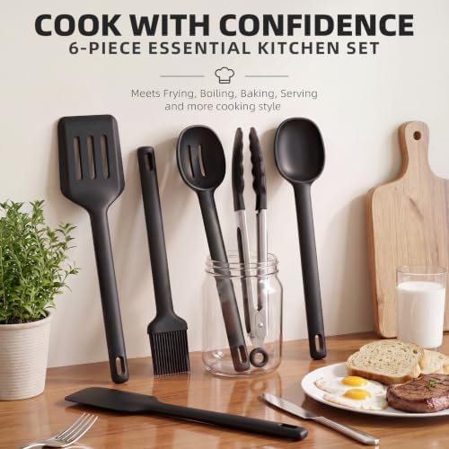 Kitchen Utensils Set 6 PCS,Silicone Cooking Utensils Set,Spatula Set,446℉ Heat Resistant Cooking Utensils,Tongs,Spoon,BPA Free Kitchen Gadgets Appliances for Non-Stick Cookware,Home Essential(Black)