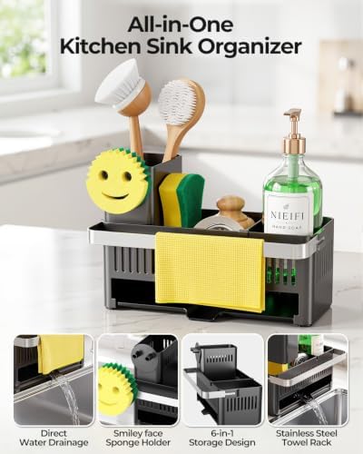 Nieifi Sponge Holder, Black Rustproof ABS Sink Caddy with Towel Rack