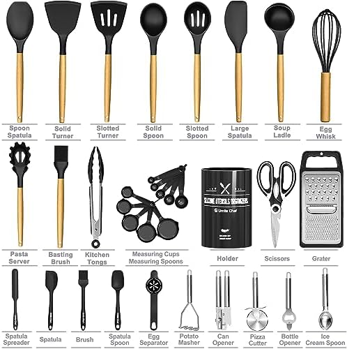 Kitchen Utensils Set- 34PCS Silicone Cooking Utensil with Holder, Umite Chef Heat Resistant Kitchen Spatula Set for Nonstick Cookware, Black Wooden Handles Kitchen Gadgets Tools Set