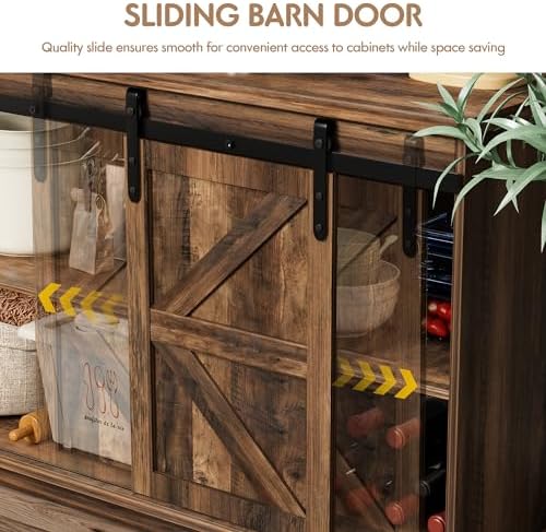 Shahoo Farmhouse Sideboard Buffet Cabinet, Coffee Bar Storage with Sliding Barn Doors, Shelf for Home Dining Room, Barnwood