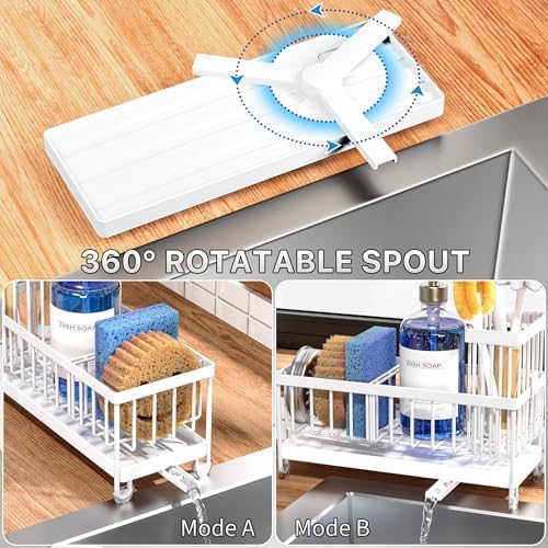 Cisily Sponge Holder for Kitchen Sink, Sink Caddy Organizer with High Brush Holder, Kitchen Countertop Organizers and Storage Essentials, Rustproof 304 Stainless Steel (Cool White, Large)