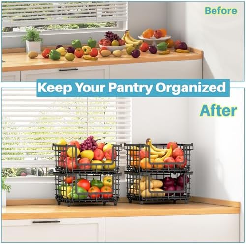 1 Pack Stackable Metal Wire Vegetable Fruit Basket for Kitchen Counter Cabinet, Pantry Organizers and Storage Basket, Food Can Snack Onion Potato Bread Storage Shelf Freezer Organizer Bins Black