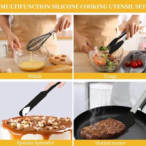 Silicone Kitchen Cooking Utensils Set with Stainless Steel Handle, Spatula Set Utensil Set, Cooking Utensil Set,Kitchen Tools Gadgets for Nonstick Cookware (35, Black)