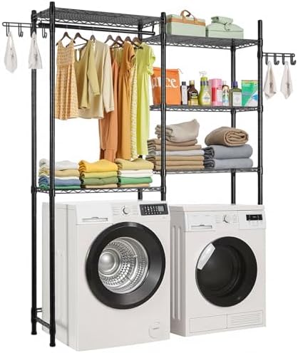 VEVOR Over the Washer and Dryer Storage Shelf, 5 Tier Laundry Room Drying Rack with Hanger Rod and Hooks, Adjustable Over Washer and Dryer Shelves, Laundry Room Shelf Storage Space Saver, Black