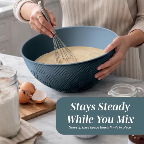 COOK WITH COLOR Mixing Bowls with Lids - 12 Piece Plastic Nesting Bowls Set includes 6 Prep Bowls and 6 Lids, Microwave Safe Mixing Bowl Set, Blue Rhombus