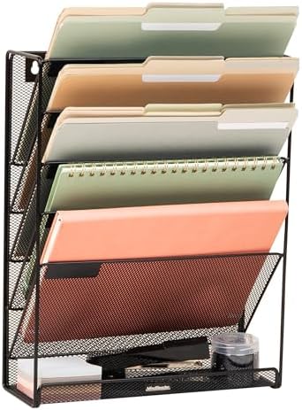 Mind Reader 5-Pocket Vertical File Storage, Desktop Organizer, Wall Mount, Office, Metal Mesh, Black