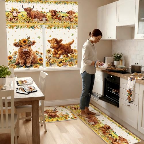 13 Pcs Sunflower Highland Cow Kitchen Curtains Valance Decor Set