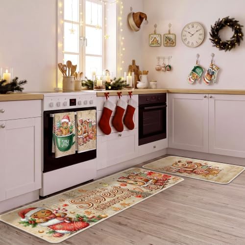 Fanfanwin 10 Pcs Christmas Gingerbread Man Kitchen Decor and Accessories Set Kitchen Towels Pot Holders Oven Mitts and Rugs for Baking Cooking BBQ Mom Housewarming Gifts