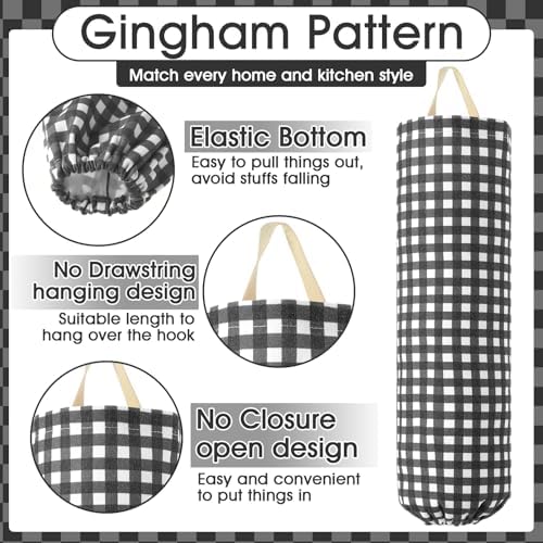 Gingham Plastic Bag Holder for Grocery Bag, Black