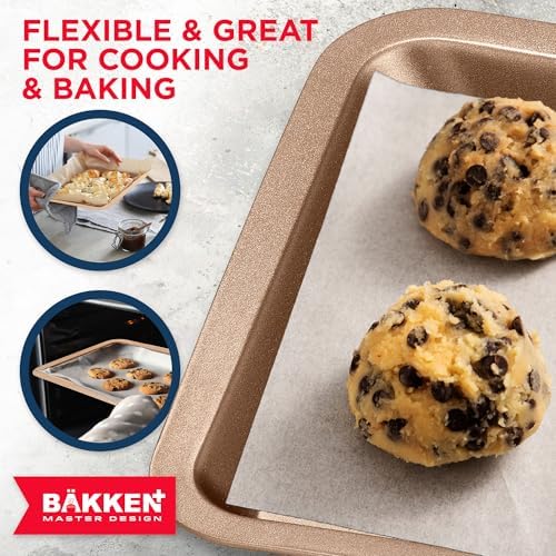 BAKKEN 3-Piece Kitchen Baking Pans - Small, Medium, and Large Cookie Pan, With Nonstick Coating, Stackable and Space-saving Design, PFOA, PFOS, PTFE Free, Oven Safe Tray (Up To 450°F), Brown