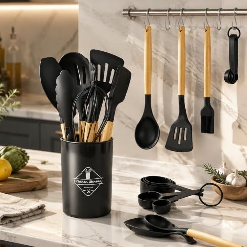 33 Pcs Silicone Kitchen Cooking Utensils Set, Wood Handle & Holder