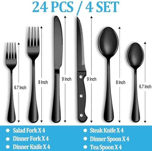 24 Pcs Black Silverware Set with Steak Knives, Stainless Steel Flatware Cutlery Set for 4, Kitchen Tableware Sets, Utensil Sets for Home and Restaurant, Dishwasher Safe