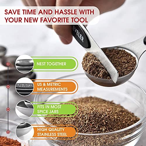 Spring Chef Stainless Steel 8 Magnetic Measuring Spoons Set, 2 Pack, Black