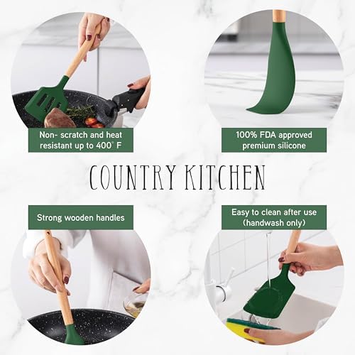 Country Kitchen Non Stick Silicone Utensil Set with Rounded Wood Handles for Cooking and Baking, 14 Piece Set, Green