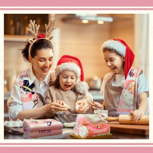 12 Pcs Christmas Pink Kitchen Towels and Oven Mitt Sets 4 Santa Claus Oven Mitts 4 Snowman Dish Towels and 4 Plaid Wreath Pot Holders Cooking Accessories for Winter Holiday Kitchen Decoration