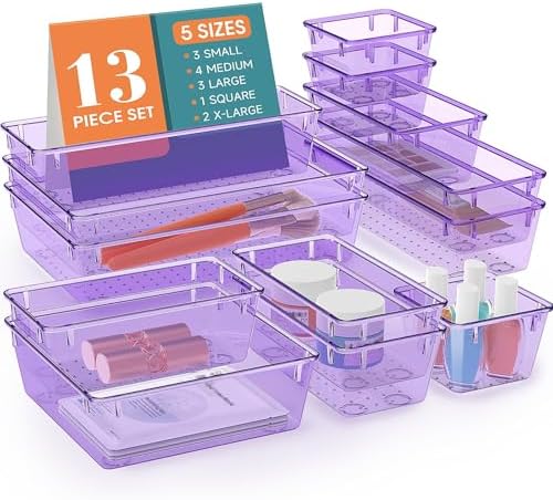 13 PCS Drawer Organizer Set, 5 Size Bathroom and kitchen organizer Trays