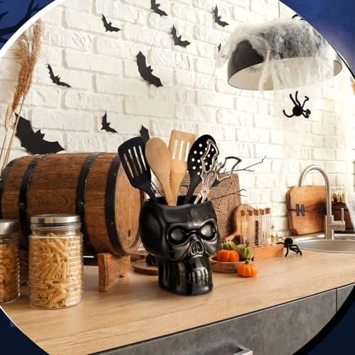 Yungyan Ceramic Skull Utensil Holder for Kitchen Gothic Accessories
