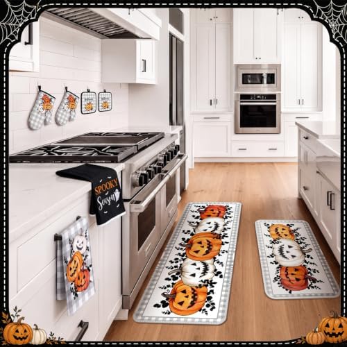 Fanfanwin 10 Pcs Halloween Kitchen Decor Set Pumpkin Kitchen Rugs