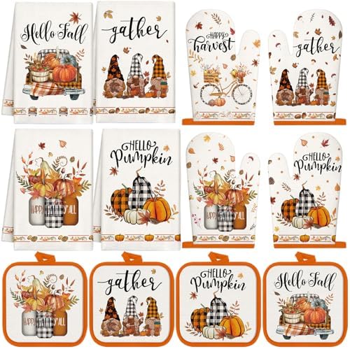 SiliFine 12 Pcs Fall Pumpkin Kitchen Towels Oven Mitts Pot Holders Set