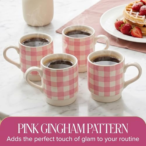 Paris Hilton Stackable Coffee Mug Set with Gold-Tone Rack, Gingham Ceramic Stoneware Cups for Coffee, Tea & Latte, Microwave & Dishwasher Safe, 4-Piece, 10-Ounce, Pink
