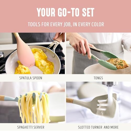 GreenLife 11 Piece Silicone Utensil Crock Set, Nonstick Kitchen Tools, Ladle, Turner, Slotted Turner, Spatula, Spoon, Spaghetti Server, Brush, Whisk, Tongs, Crock, Dusty Pink