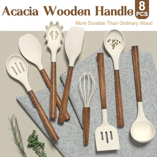 Non-Stick Silicone Kitchen Utensils Set with Natural Acacia Hard Wood Handle, Umite Chef 8 Pieces Kitchen Spatulas set, White, BPA Free, Baking, Serving and Cooking Utensils