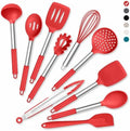 Onader 10 Pieces Silicone Kitchen Utensils Set, Cooking Utensils with Holder and Heat Resistant Stainless Steel Handle for Nonstick Cookware -Red
