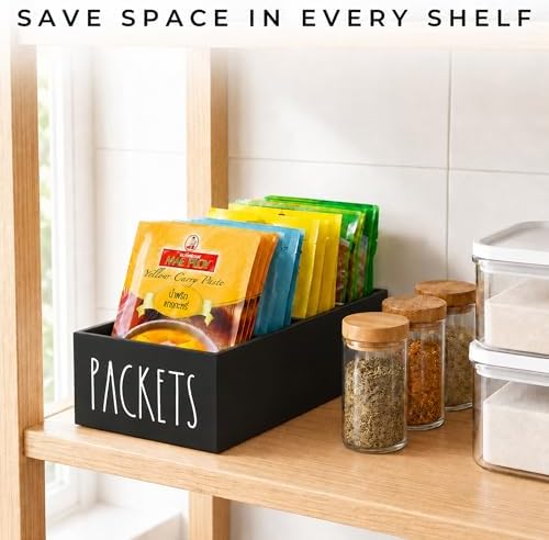 Seasoning Packet Organizer, Pantry Organizer, Food Packet Storage Organizers, Modern Farmhouse Kitchen Organization Bins for Food Mixes, Spices, Gravy, Taco, and Dressings Packets (Black)