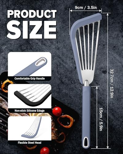 Fish Spatula Turner,Thin Slotted,Stainless Steel With Silicone Edge,2 Pack