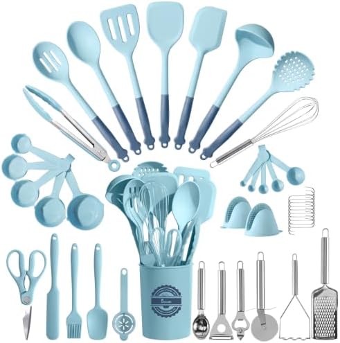 Kikcoin 43Pcs Large Kitchen Utensils Set - Silicone Cooking Utensils Set, Dishwasher Safe Spatula Set for Non-stick Cookware, 446°F Heat Resistant Kitchen Utensils Set with Holder BPA Free, Blue
