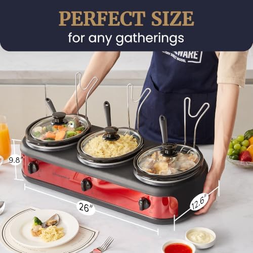 Elite Gourmet EWMST-325R Triple Slow Cooker Buffet Server, 3 x 2.5 Qt, Red