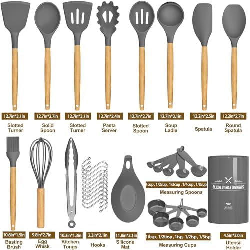 Umite Chef Kitchen Cooking Utensils Set, 33 pcs Non-stick Silicone Spatula Set with Holder, Woodle Handle Heat Resistant Gadgets Utensil (Gray)